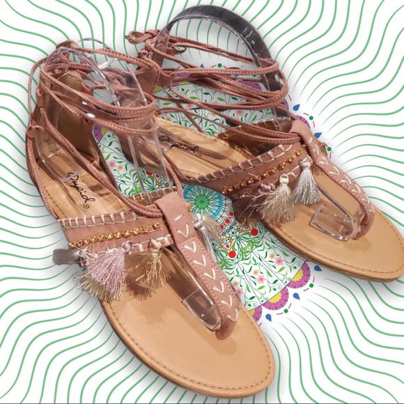 Qupid Mauve, Multi Color Tassel Boho LaceUp Sandal - Picture 2 of 3